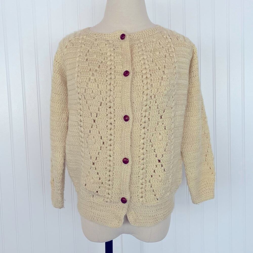 Vintage Hand Knit Cream Cardigan Openwork Pointelle Holes Brown Leather Buttons